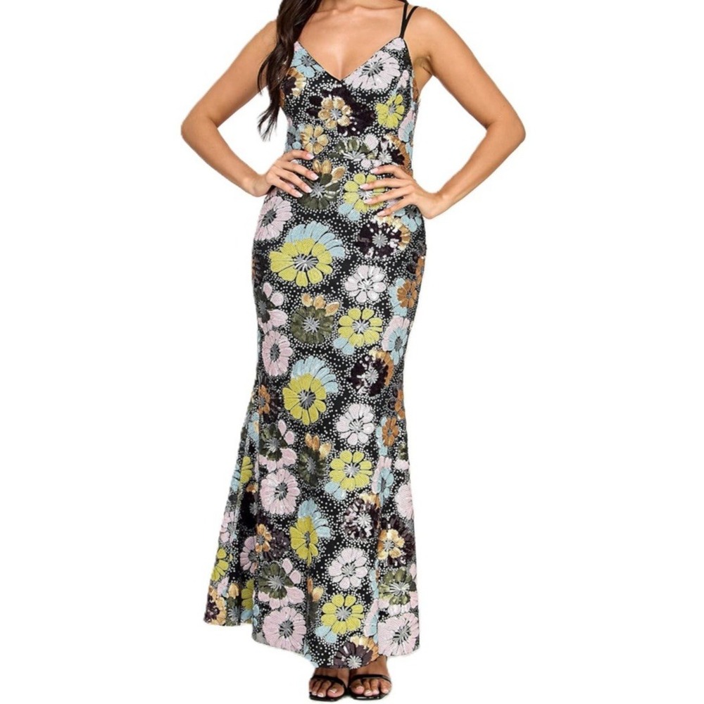 NWT Morgan & CO Juniors Floral Sequin Crisscross Back Spag Straps A-Line Gown, 5